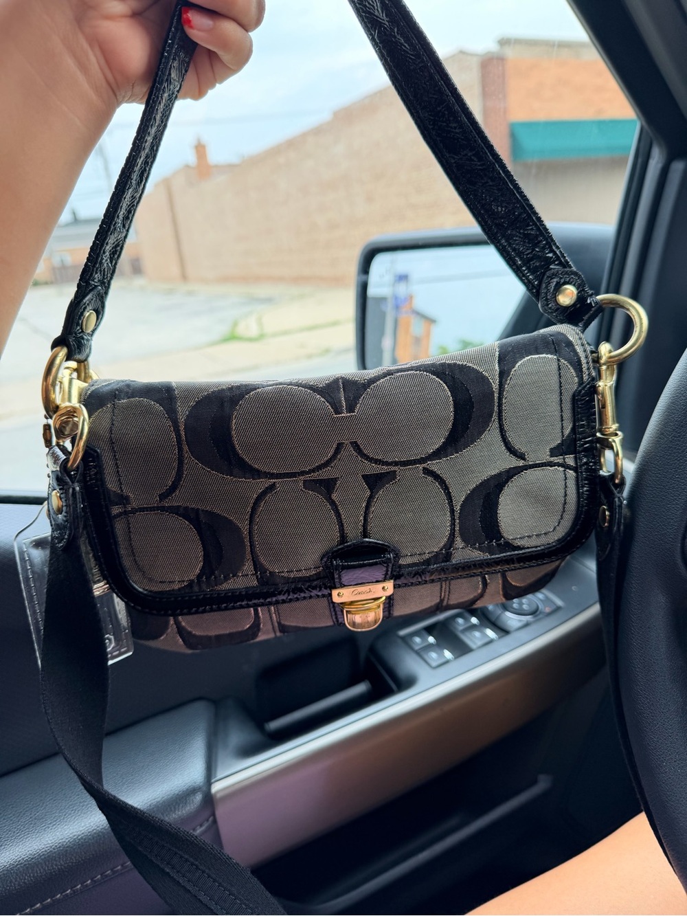 Coach Black and Gray Signature Jacquard Shoulder Bag with Patent Trim